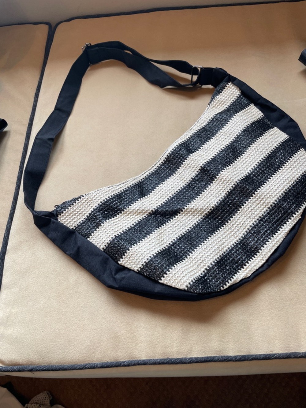 Black & White Striped Crochet Shoulder Bag